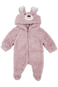 Unisex Pembe Ayı Nakışlı Kapşonlu Peluş Tulum