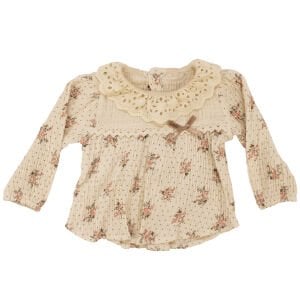 Kız Bebek Ekru Pembe Çiçek Desenli Fistolo 2'li Takım