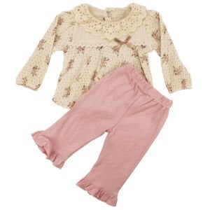 Kız Bebek Ekru Pembe Çiçek Desenli Fistolo 2'li Takım