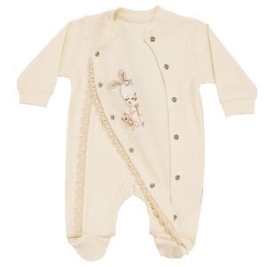 Kız Bebek Ekru Fistolu Tavşanlı Desenli Çıtçıtlı Patikli Tulum