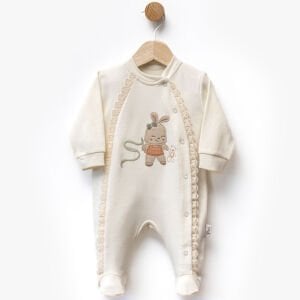 Kız Bebek Ekru Fistolu Tavşanlı Desenli Çıtçıtlı Patikli Tulum