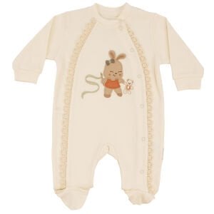 Kız Bebek Ekru Fistolu Tavşanlı Desenli Çıtçıtlı Patikli Tulum