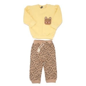 Kız Bebek Sarı Kahve Kedi Nakışlı Leopar Desenli 3 İp 2'li Takım