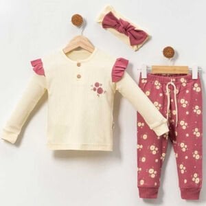 Kız Bebek Ekru Mor Çiçek Desenli Bandanalı 2'li Takım