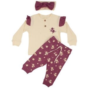 Kız Bebek Ekru Mor Çiçek Desenli Bandanalı 2'li Takım