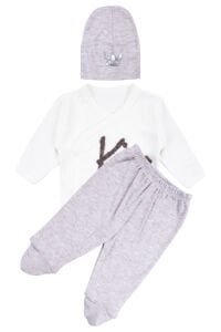 Erkek Bebek Ekru Kahve King Nakışlı Şapkalı 3'lü Takım 0-3 Ay