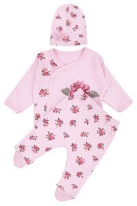 Kız Bebek Pembe Güllü Kanaviçe Nakışlı 3'lü Pijama Takımı 0-3 Ay