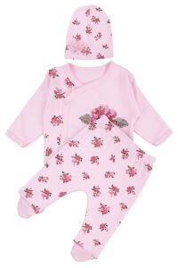Kız Bebek Pembe Güllü Kanaviçe Nakışlı 3'lü Pijama Takımı 0-3 Ay