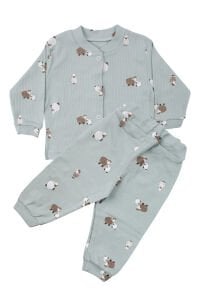 Unisex Yeşil Kuzulu Desenli Çıtçıtlı Pijama Takımı