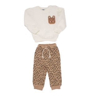 Kız Bebek Beyaz Kahve Kedi Nakışlı Leopar Desenli 3 İp 2'li Takım