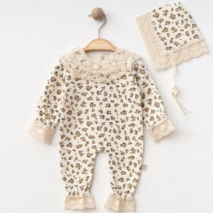 Kız Bebek Ekru Kahve Leopar Desenli Bereli Fistolu Tulum
