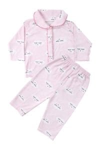 Kız Bebek Pembe Bulut Desenli Biyeli Çıtçıtlı Pijama Takımı 0-3 Ay