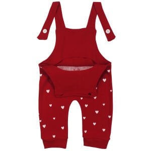 Kız Bebek Kırmızı Kalpli Fiyonklu Bandanalı Salopet Takım