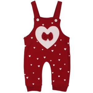 Kız Bebek Kırmızı Kalpli Fiyonklu Bandanalı Salopet Takım