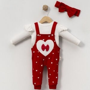 Kız Bebek Kırmızı Kalpli Fiyonklu Bandanalı Salopet Takım