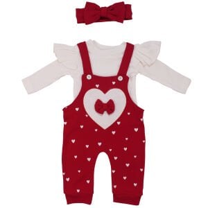 Kız Bebek Kırmızı Kalpli Fiyonklu Bandanalı Salopet Takım