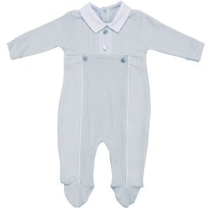 Erkek Bebek Mavi Yakalı Düğmeli Patikli Tulum