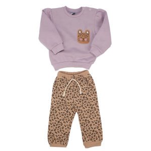 Kız Bebek Lila Kahve Kedi Nakışlı Leopar Desenli 3 İp 2'li Takım