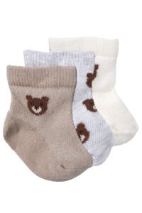 Erkek Bebek Ekru Kahve Beyaz Ayıcık Desenli 3'lü Çorap 0-6 Ay