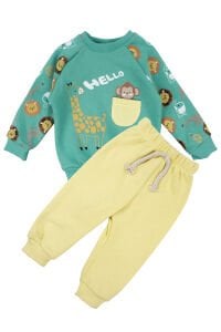 Erkek Bebek Yeşil Cepli Maymun Baskılı 2'li Takım