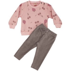 Kız Bebek Pembe Kahve Kirazlı Baskılı Kadife Taytlı 2'li Takım
