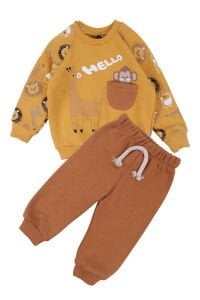 Erkek Bebek Hardal Cepli Maymun Baskılı 2'li Takım