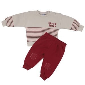 Erkek Bebek Bej Bordo Good Times Çizgili Üç İp 2'li Takım