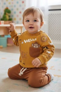 Erkek Bebek Hardal Cepli Maymun Baskılı 2'li Takım