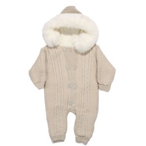 Unisex Bej Tüylü Bereli İçi Peluş Örgü Triko Tulum