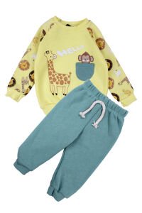 Erkek Bebek Sarı Cepli Maymun Baskılı 2'li Takım