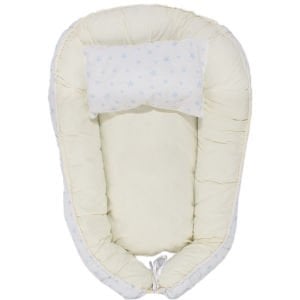 Beyaz Ekru Mavi Yıldız Desenli BabyNest Yatak