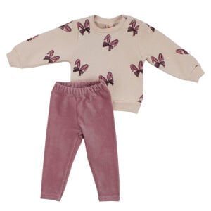 Kız Bebek Ekru Pempe Fiyonklu Baskılı Kadife Fitillli Taytlı 2'li Takım