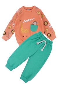 Erkek Bebek Turuncu Cepli Maymun Baskılı 2'li Takım