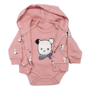 Unisex Pembe Köpek Baskılı Kapşonlu Hırkalı 3'lü Takım