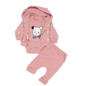 Unisex Pembe Köpek Baskılı Kapşonlu Hırkalı 3'lü Takım