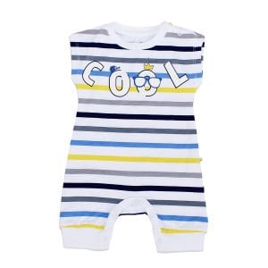 Erkek Bebek Sarı Mavi Çizgili Cool Yazılı Alttan Çıt Çıtlı Tulum
