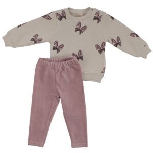 Kız Bebek Bej Lila Fiyonklu Baskılı Kadife Fitillli Taytlı 2'li Takım
