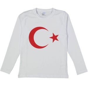 Unisex Beyaz Kırmızı Ay Yıldız Uzun Kollu Bayrak Badi Tişört