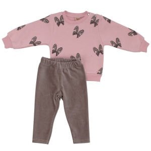 Kız Bebek Pembe Kahve Fiyonklu Baskılı Kadife Fitillli Taytlı 2'li Takım