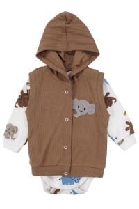 Erkek Bebek Kahve Ekru Fil Nakışlı Yelekli 3'lü Takım
