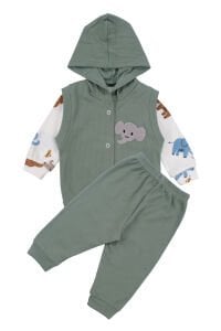 Erkek Bebek Yeşil Ekru Fil Nakışlı Yelekli 3'lü Takım