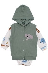 Erkek Bebek Yeşil Ekru Fil Nakışlı Yelekli 3'lü Takım