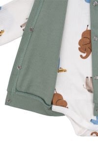 Erkek Bebek Yeşil Ekru Fil Nakışlı Yelekli 3'lü Takım