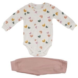 Kız Bebek Ekru Pembe Renkli Kalp Baskılı Yelekli 3'lü Takım