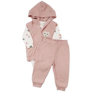 Kız Bebek Ekru Pembe Renkli Kalp Baskılı Yelekli 3'lü Takım