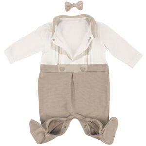 Erkek Bebek Ekru Kahve Papyonlu Patikli Tulum