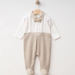 Erkek Bebek Ekru Kahve Papyonlu Patikli Tulum