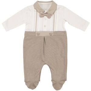 Erkek Bebek Ekru Kahve Papyonlu Patikli Tulum