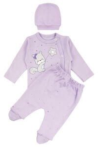 Kız Bebek Lila Yıldızlı Ayıcık Baskılı Patikli Pijama Takımı 0-3 Ay