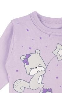 Kız Bebek Lila Yıldızlı Ayıcık Baskılı Patikli Pijama Takımı 0-3 Ay